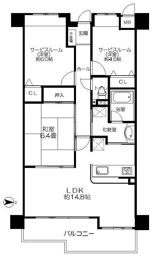 Floor plan. 3LDK, Price 23 million yen, Occupied area 69.83 sq m , Balcony area 11.42 sq m service room is available as a room.