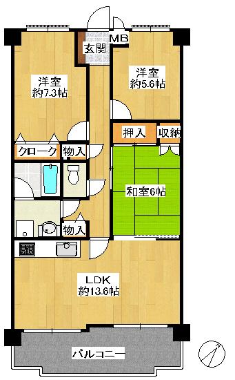 Floor plan. 3LDK, Price 8.1 million yen, Occupied area 73.45 sq m , Balcony area 10.5 sq m
