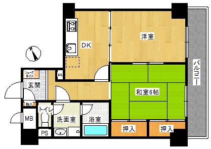 Floor plan. 2DK, Price 9.8 million yen, Occupied area 44.94 sq m , Balcony area 6.93 sq m Floor