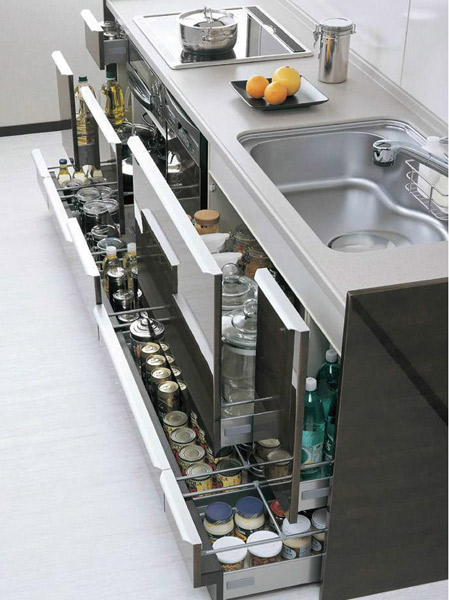 Kitchen.  [Floor cabinet] In all slide specification, Since it allows people to pull it back, Out Ease. Hot plate also refreshing storage that was in trouble in a location that put away (same specifications)