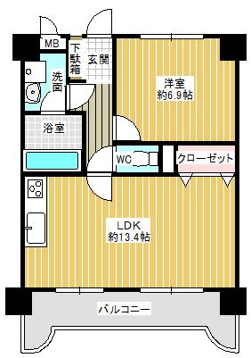 Floor plan. 1LDK, Price 6.8 million yen, Occupied area 47.77 sq m , Is a livable floor plan of the balcony area 11.7 sq m 13.4 Pledge