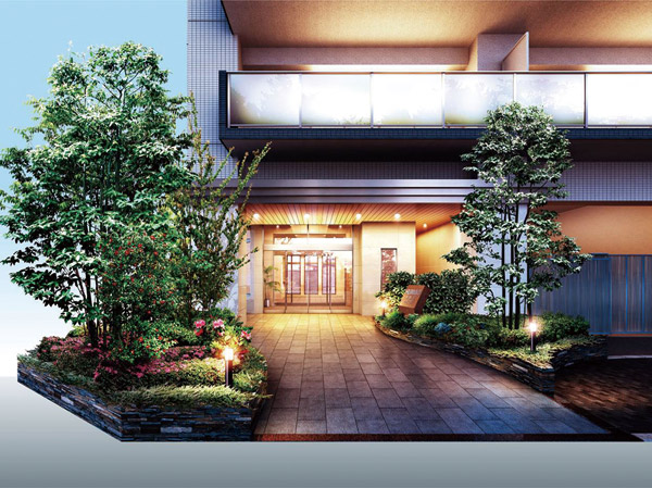 Features of the building.  [Entrance approach] Missing the entrance approach that has been colored by planting make me feel the green of peace to my home. In this space to welcome the live family and guests for the first time, Chic in the adoption and stylish design that was to take care of harmony with the exterior design (Rendering)
