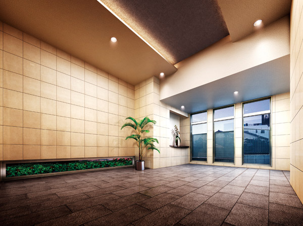 Features of the building.  [Entrance hall] Entrance hall, Chic shades of tiles and sublime folded on the ceiling, etc., Space of sophistication alive the aesthetics of "high quality" (Rendering)