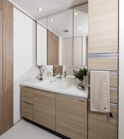 Bathing-wash room.  [bathroom] Vanity storage rich three-sided mirror and with tall side cabinet