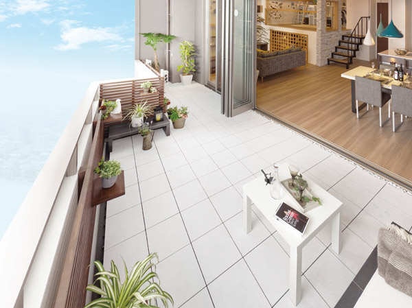 Room and equipment. Ensure the balcony of depth up to 2.5m, which is expressed as "living terrace" in all houses. Lead smoothly from the living room, Enjoy the relaxed is spread toward the outer ※ Empty photo is synthesized, In fact a slightly different.