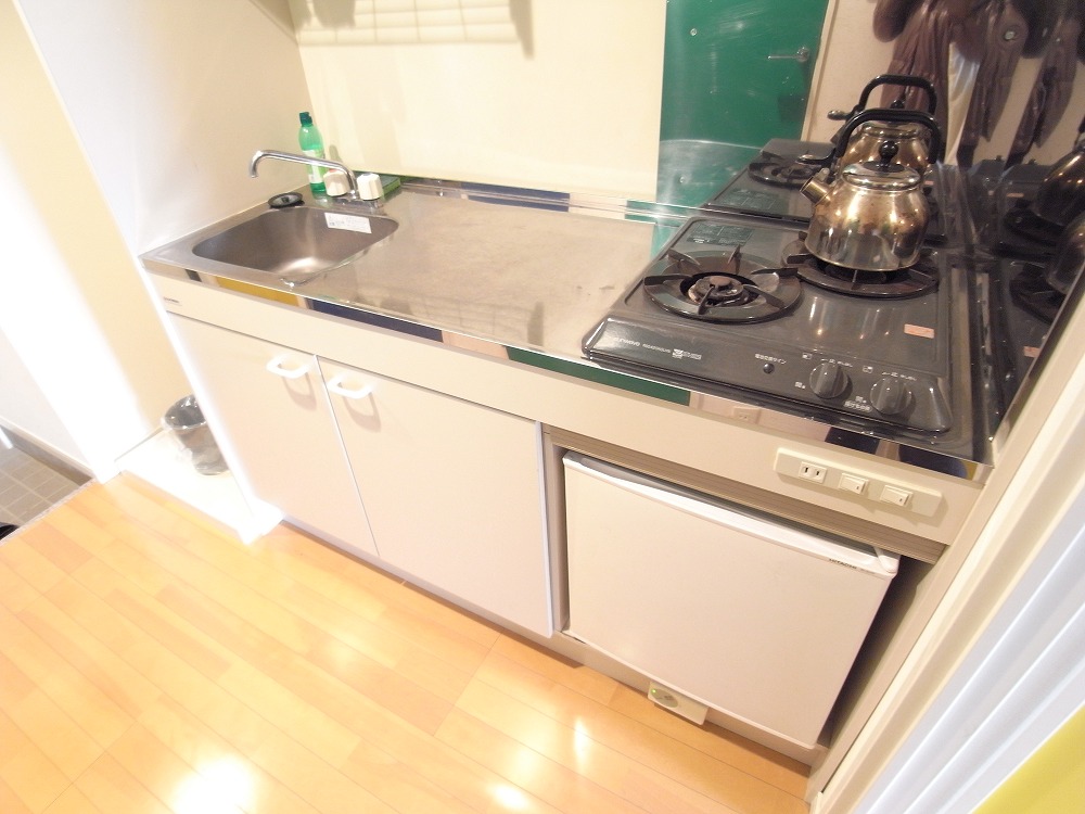 Kitchen. Two-burner gas stove and a mini-refrigerator