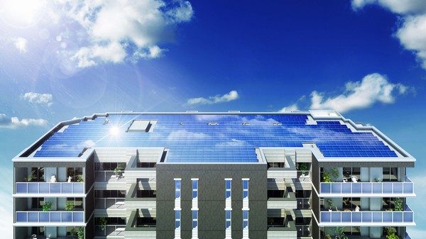 Building structure. Mounted on the roof solar panels to convert sunlight efficiently to electricity (Rendering)