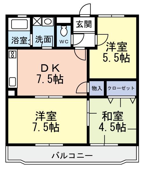 Floor plan. 3DK, Price 8.9 million yen, Occupied area 54.02 sq m , Balcony area 8.95 sq m 3DK type. It also had made kitchen.
