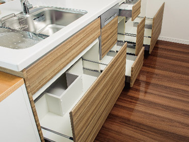 Kitchen.  [With soft closers slide storage] Slowly closing soft closer with function. "Pattern at the time of opening and closing! There is no sound of ", Also it prevents that inadvertently cause across the finger during a busy work. (Same specifications)