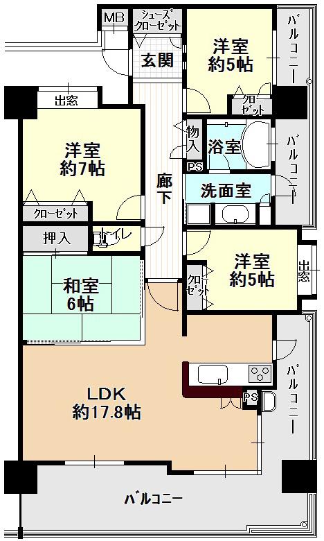 Floor plan. 4LDK, Price 24,800,000 yen, Occupied area 90.05 sq m , Balcony area 29.36 sq m