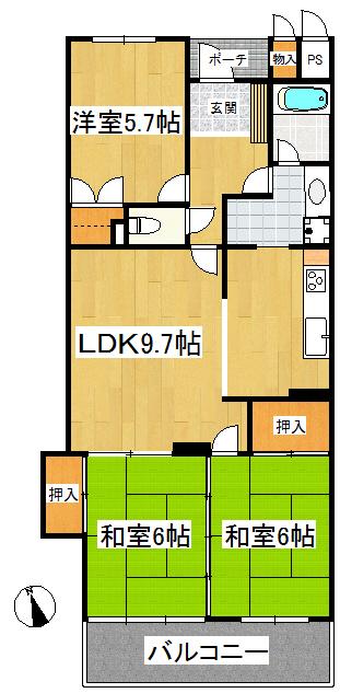 Floor plan. 3LDK, Price 10.8 million yen, Occupied area 70.35 sq m , Balcony area 10.26 sq m south-facing!