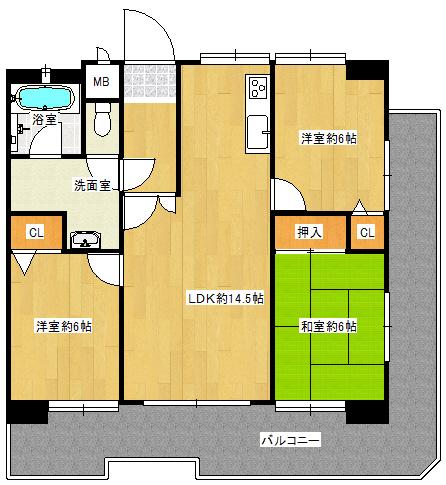 Floor plan. 3LDK, Price 8.8 million yen, Occupied area 69.99 sq m , Balcony area 21.51 sq m south-facing corner room