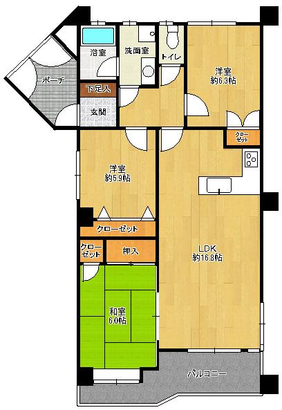 Floor plan. 3LDK, Price 14.4 million yen, Occupied area 79.39 sq m , Balcony area 9.07 sq m