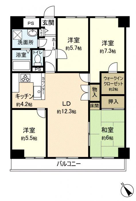 Floor plan. 4LDK, Price 15.9 million yen, Footprint 90.1 sq m , Balcony area 7.4 sq m