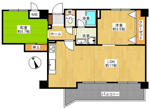 Floor plan. 2LDK, Price 9.7 million yen, Occupied area 60.57 sq m , Balcony area 9.62 sq m Floor
