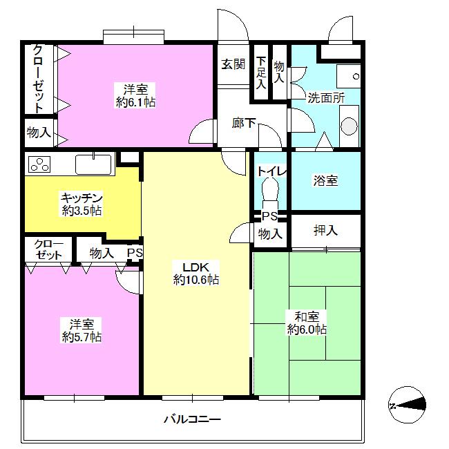 Floor plan. 3LDK, Price 15.4 million yen, Occupied area 70.02 sq m , Balcony area 12.6 sq m All rooms Cross Zhang Kawasumi!