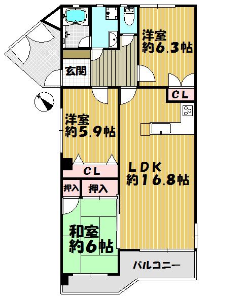 Floor plan. 3LDK, Price 14.4 million yen, Occupied area 79.39 sq m , Balcony area 8.89 sq m
