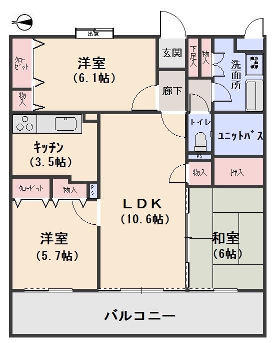 Floor plan. 3LDK, Price 15.4 million yen, Occupied area 70.02 sq m , Balcony area 12.6 sq m