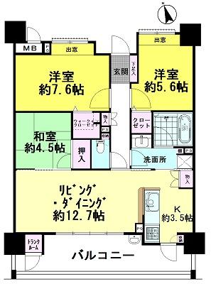 Floor plan. 3LDK, Price 21,800,000 yen, Occupied area 76.44 sq m , Balcony area 14.99 sq m
