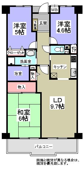 Floor plan. 3LDK, Price 10.4 million yen, Occupied area 64.15 sq m , Balcony area 7.65 sq m