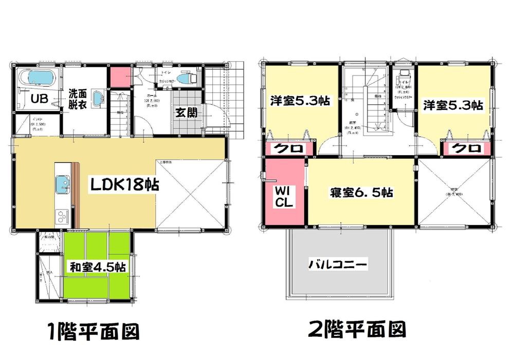 Floor plan. 26,800,000 yen, 4LDK, Land area 189.42 sq m , Building area 104.33 sq m 4LDK First floor 59.62 sq m  Second floor 44.71 sq m
