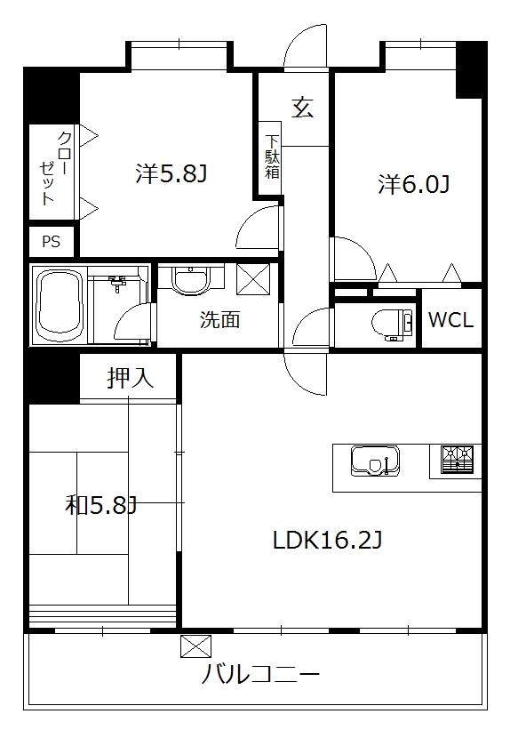 Floor plan. 3LDK, Price 22 million yen, Occupied area 76.14 sq m , Balcony area 16.2 sq m