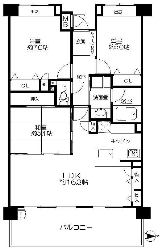 Floor plan. 3LDK, Price 18.9 million yen, Occupied area 73.79 sq m , Balcony area 14.4 sq m