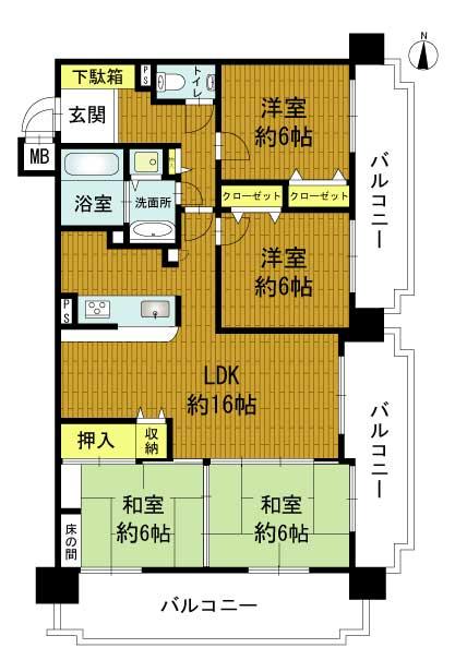 Floor plan. 4LDK, Price 16.5 million yen, Occupied area 88.34 sq m , Balcony area 29.47 sq m angle room + All guestrooms at 6 quires more rare floor plan.