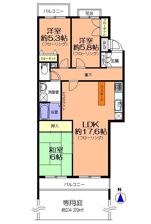 Floor plan. 3LDK, Price 17,900,000 yen, Occupied area 77.19 sq m , Balcony area 2.87 sq m