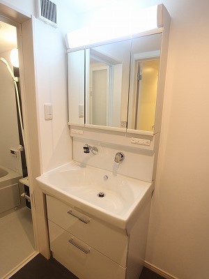 Washroom. Three-sided mirror with shampoo dresser