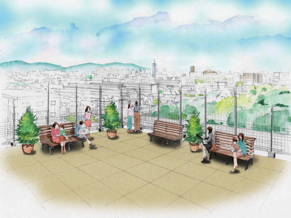 Shared facilities.  [Sky Court] Forest building of the roof, Established the Sky Court overlooking the Momochi district and Yūsentei Park. While it refreshes in this special space closer to the sky, It can also be used as a community space. (Rendering Illustration)