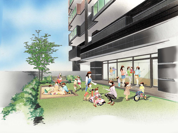 Shared facilities.  [Play lot] Set up a play lot that is from playing safely children on site. You can rest assured there is no fear of cars and accident, Also born exchanges between mother. (Rendering Illustration)