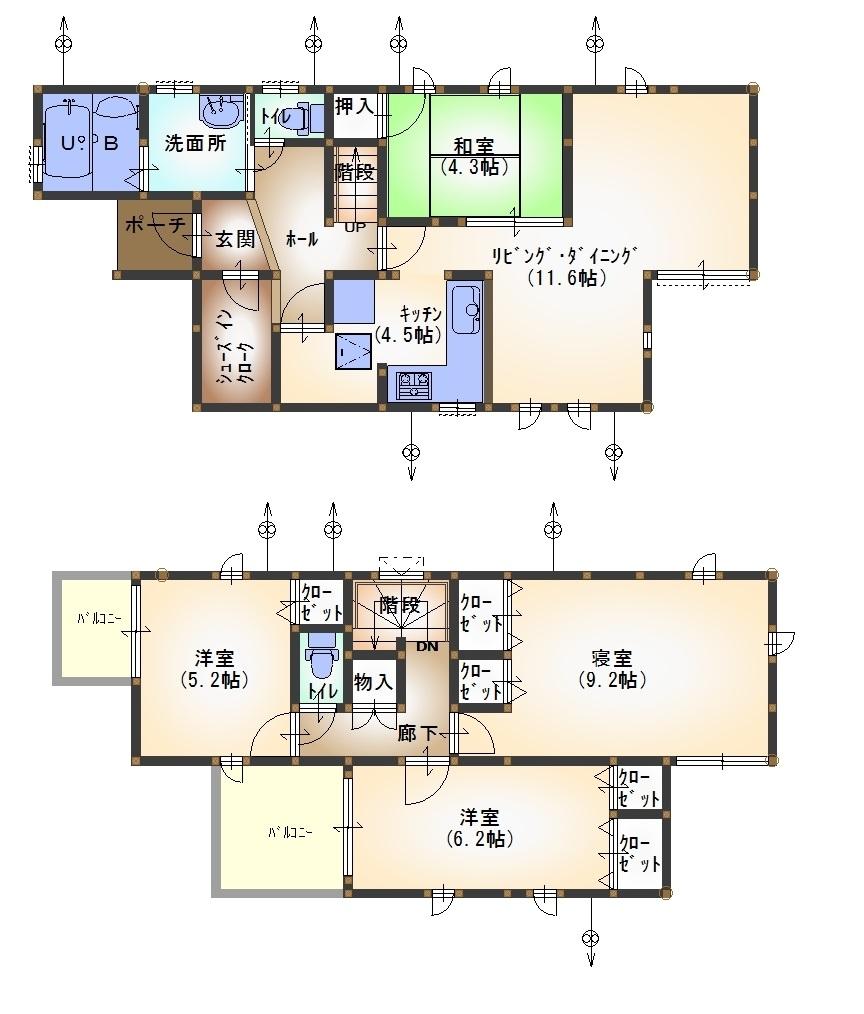 Floor plan. 29,580,000 yen, 4LDK + S (storeroom), Land area 119.19 sq m , Building area 100.19 sq m ◇ shoes in with a closet in the foyer ◆ 4LDK ◇ parking space two secured
