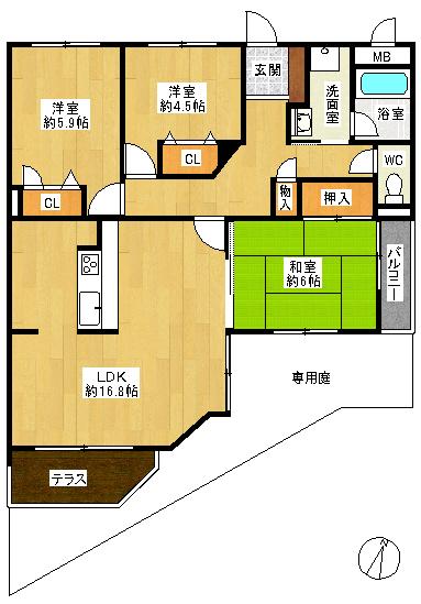 Floor plan. 3LDK, Price 12.8 million yen, Occupied area 71.48 sq m , Balcony area 2.2 sq m 3LDK + terrace ・ Private garden