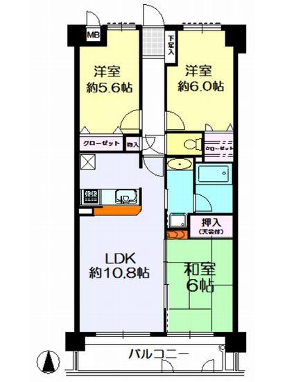 Floor plan. 3LDK, Price 16 million yen, Footprint 68.4 sq m , Balcony area 9 sq m