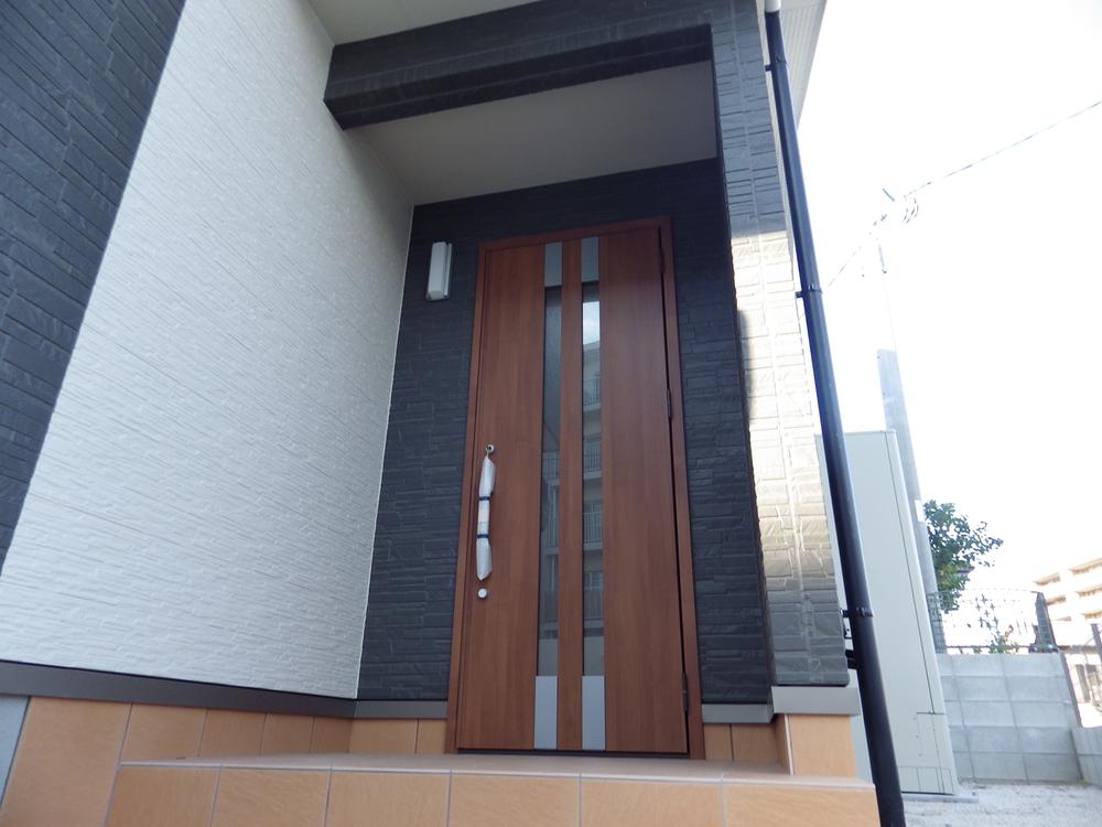 Entrance. Entrance door of a stylish wood grain