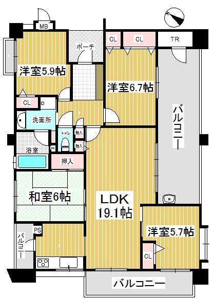 Floor plan. 4LDK, Price 32,800,000 yen, Footprint 94.8 sq m , Balcony area 26.17 sq m