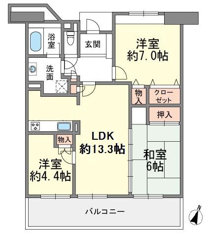 Floor plan. 3LDK, Price 13.8 million yen, Occupied area 70.09 sq m , Balcony area 16.4 sq m