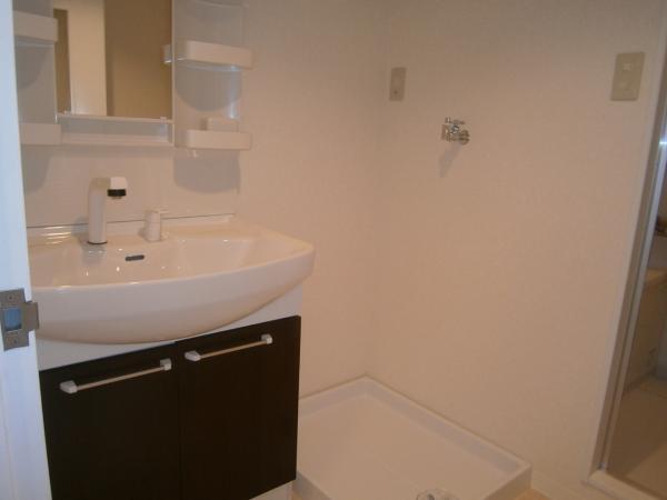 Wash basin, toilet. Vanity with new shower