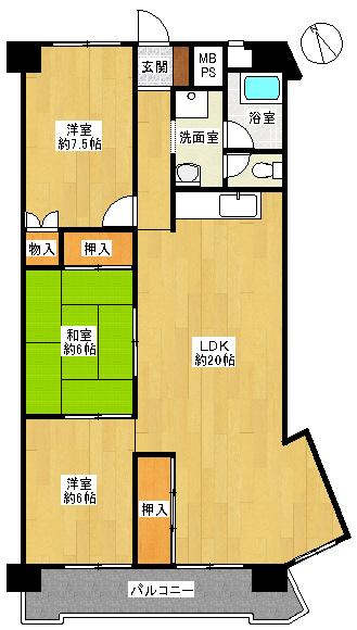 Floor plan. 3LDK, Price 6.8 million yen, Occupied area 90.41 sq m , Balcony area 8.44 sq m 3LDK Southwest balcony