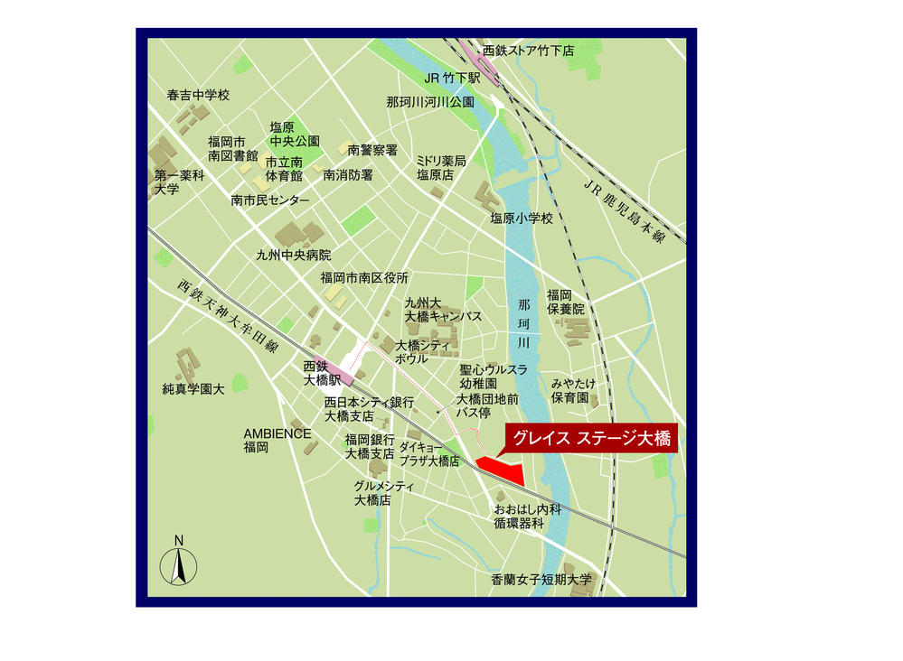 Local guide map. A 9-minute walk to Nishitetsu Ohashi Station. A 6-minute express train to Tenjin than Ohashi Station.