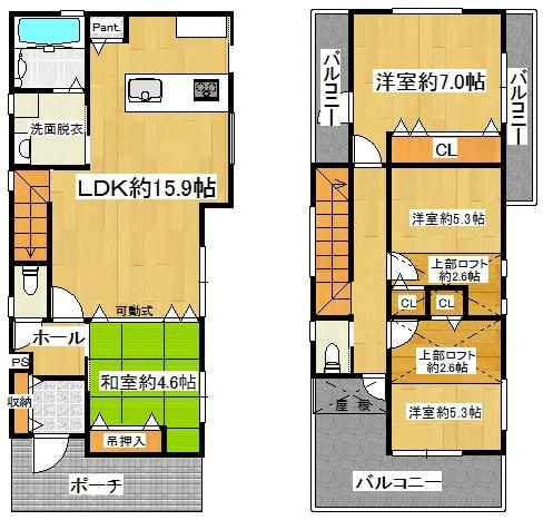 Floor plan. 29,390,000 yen, 4LDK, Land area 114 sq m , Building area 90.88 sq m 4LDK + with loft