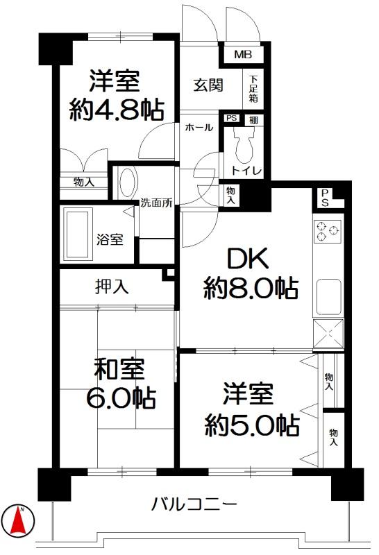 Floor plan. 3DK, Price 8.8 million yen, Occupied area 56.16 sq m , Between the balcony area 9.5 sq m floor plan