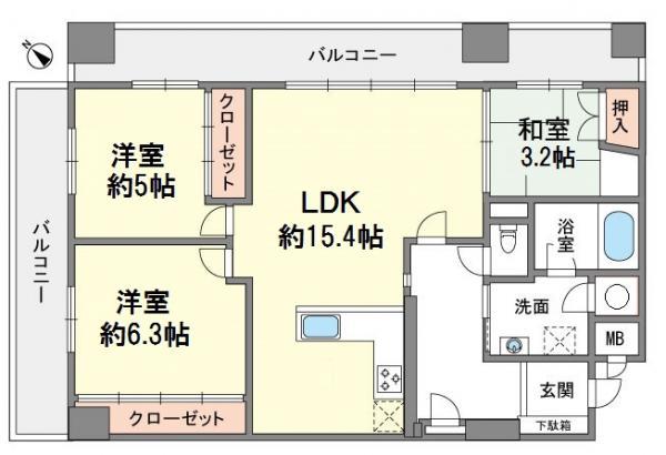Floor plan. 3LDK, Price 19.9 million yen, Footprint 76.2 sq m , Balcony area 54.54 sq m