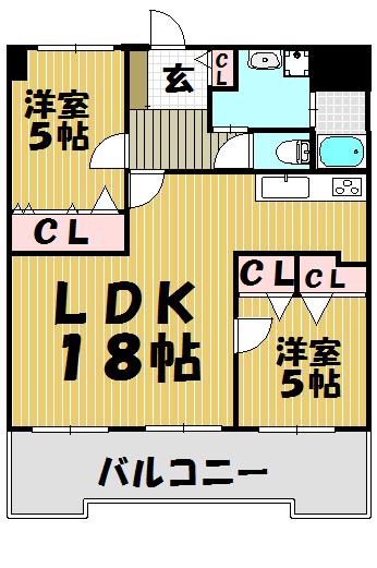 Floor plan. 2LDK, Price 11.5 million yen, Occupied area 65.44 sq m , Balcony area 12.75 sq m