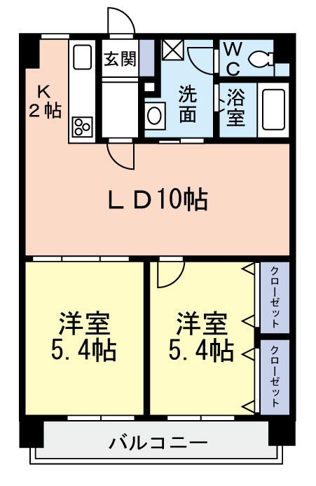 Floor plan. 2LDK, Price 9.9 million yen, Occupied area 54.81 sq m , Balcony area 7.44 sq m
