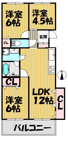 Floor plan. 3LDK, Price 8.35 million yen, Occupied area 55.43 sq m , Balcony area 7.68 sq m