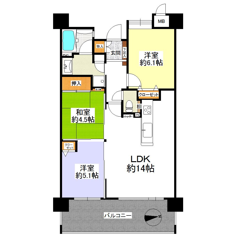 Floor plan. 3LDK, Price 16.1 million yen, Footprint 65.7 sq m , Balcony area 13.4 sq m