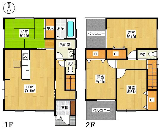 Floor plan. 32,800,000 yen, 4LDK, Land area 126.98 sq m , Building area 98.77 sq m 4LDK Two-sided balcony