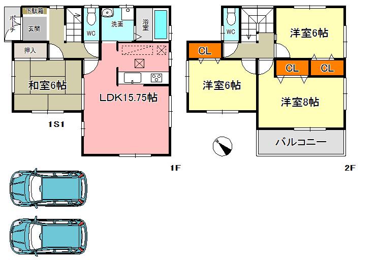 Floor plan. 29,800,000 yen, 4LDK, Land area 160 sq m , Building area 97.6 sq m 4LDK Two standard-sized car First floor shutter shutters with Wakahisa elementary school Noma junior high school